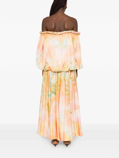 Zimmermann Luna Twist Off-the-shoulder Cutout Gathered Printed Silk-satin Maxi Dress In Orange