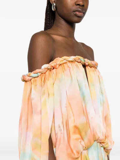 Zimmermann Luna Twist Off-the-shoulder Cutout Gathered Printed Silk-satin Maxi Dress In Orange