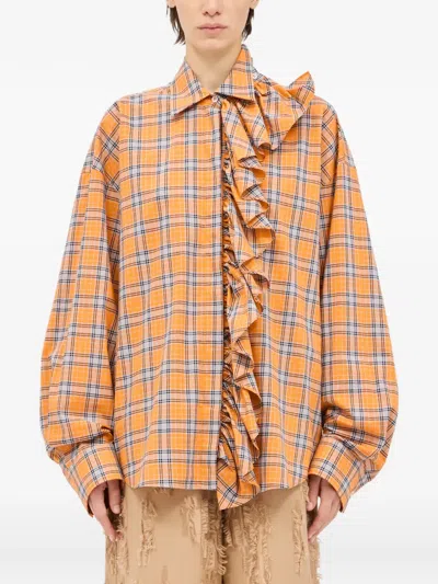 Msgm Ruffled Check Shirt In Orange