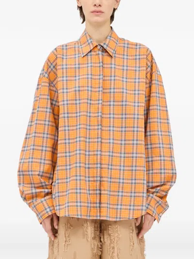 Msgm Ruffled Check Shirt In Orange