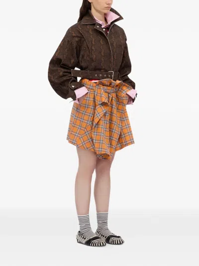 Msgm Checked Asymmetric Mini Skirt In Orange