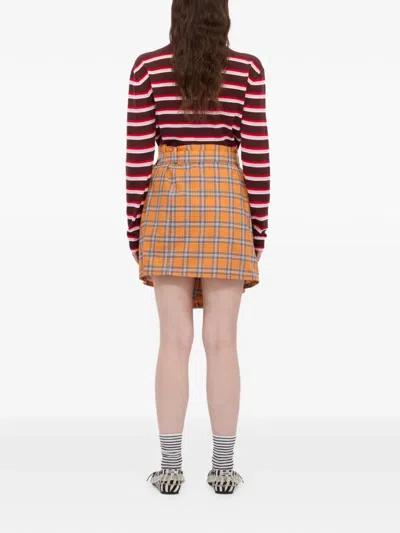 Msgm Checked Asymmetric Mini Skirt In Orange