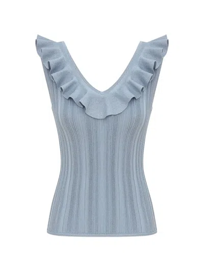 Zimmermann Womens Metallic Blue Aster Metallic Frilled Rib-knit Top In Blue
