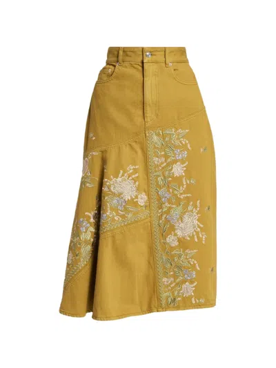 Erdem Embellished Embroidered Denim Midi Skirt In Brown