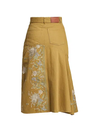 Erdem Embellished Embroidered Denim Midi Skirt In Brown