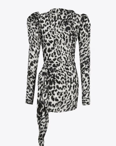 Saint Laurent Leopard Print Stand-up Collar Mini Dress In Black And Grey Silk Crêpe In Nero/graphite|grigio