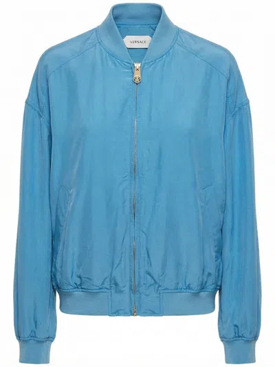 Versace Relaxed Fit Silk Jacket With Embroidered Logo And Zipper Closure In Blue