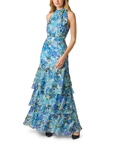 Adrianna Papell Tiered Metallic Floral Chiffon Halter Gown In Blue Multi