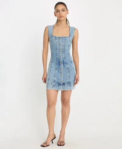 Good American Sleeveless Button-front Power Stretch Denim Mini Dress In Blue