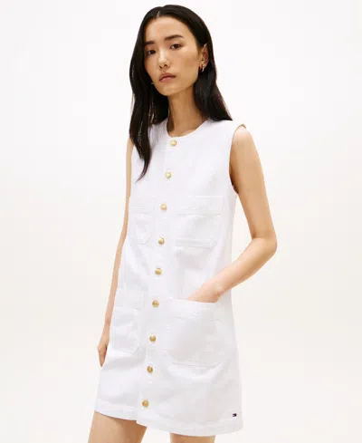 Tommy Hilfiger Patch Pocket Denim Shift Mini Dress In White