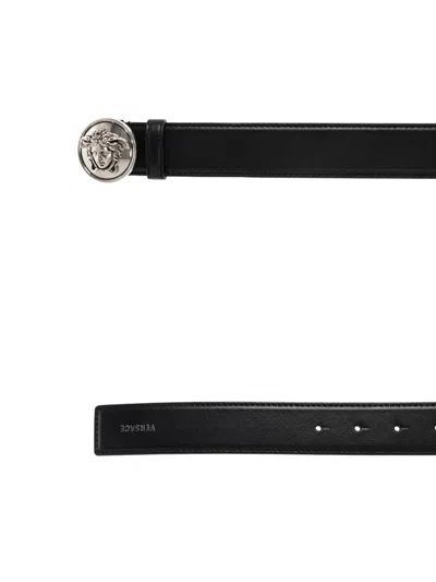 Versace Logo-buckle Leather Belt In Black