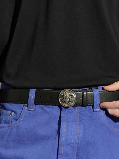 Versace Logo-buckle Leather Belt In Black