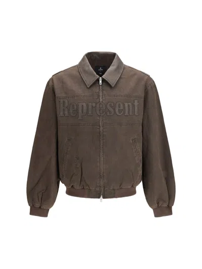 Represent Roscoe Logo Detail Cotton Canvas Bomber Jacket In Brown