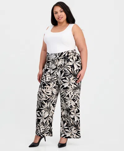 Kasper Plus Size Printed Pull-on Wide-leg Ankle Pants In Black