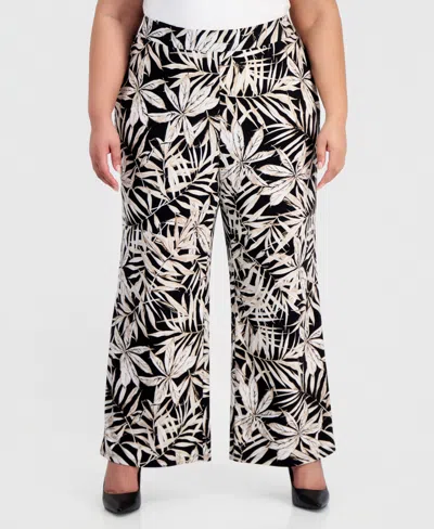 Kasper Plus Size Printed Pull-on Wide-leg Ankle Pants In Black