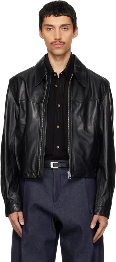 Lemaire Leather Blouson Biker Jacket In Black