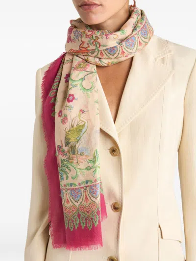 Etro Flora-fauna Motif Shawl In Brown