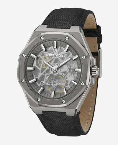 Kenneth Cole Skeleton Automatic Nylon Strap Watch In Black