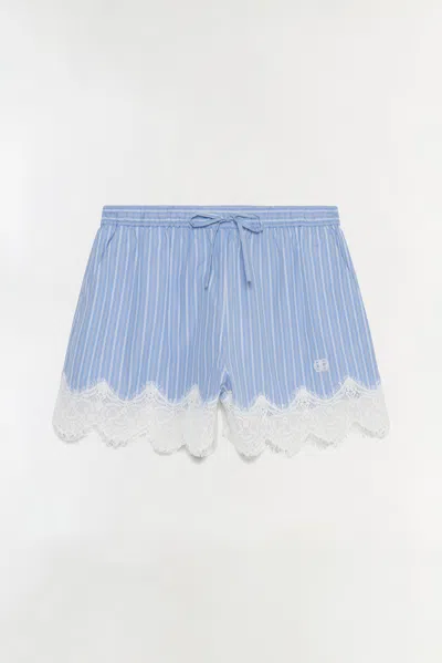Simkhai Emmie Lace-trimmed Striped Cotton Shorts In Blue