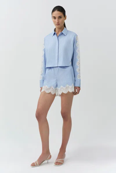 Simkhai Emmie Lace-trimmed Striped Cotton Shorts In Blue