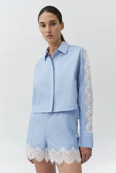 Simkhai Emmie Lace-trimmed Striped Cotton Shorts In Blue