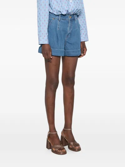 Zimmermann Pleated Denim Shorts With Cuff In Blue
