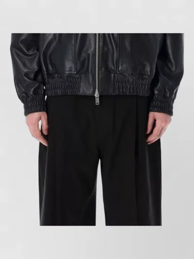 Studio Nicholson Leather Bomber Jacket Collared Elasticated Hem In Black
