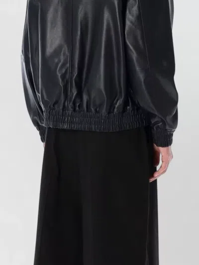 Studio Nicholson Leather Bomber Jacket Collared Elasticated Hem In Black