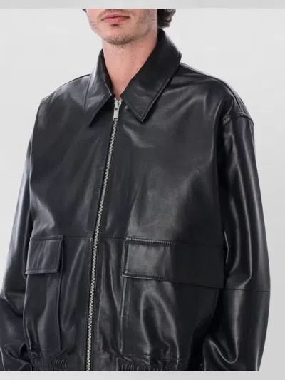 Studio Nicholson Leather Bomber Jacket Collared Elasticated Hem In Black