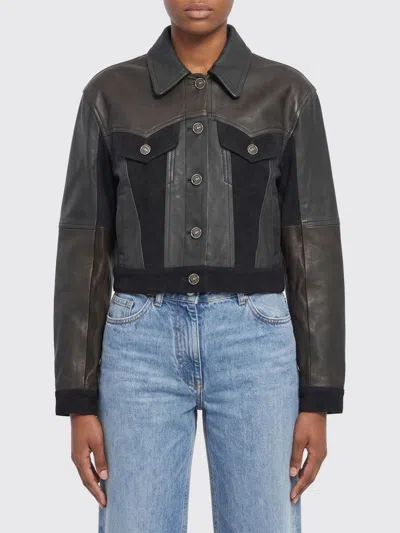 Versace Structured Leather Jacket With Suede Inserts In Black