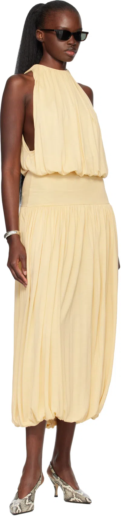 Totême Toteme Sleeveless Ruched Midi Dress In Yellow Viscose In Brown