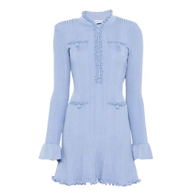 Self-portrait Faux Pearl-embellished Ribbed-knit Mini Dress In Blue