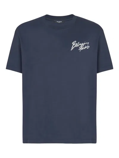 Balmain Navy Blue Cotton T-shirt In Blue