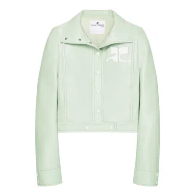 Courrèges Cropped Jacket With Glossy Patent Finish And Structured Collar In Green