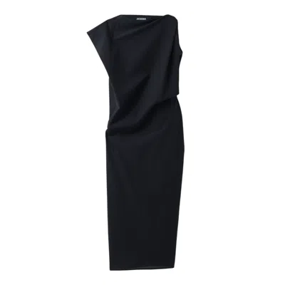 Jacquemus La Robe Drap Asymmetrical Midi Dress In Black