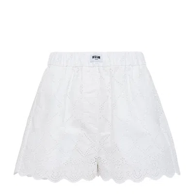 Msgm White Embroidered Shorts In White