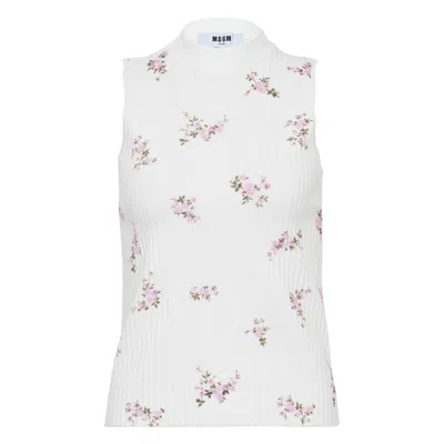 Msgm White Floral Mock Collar Top In White