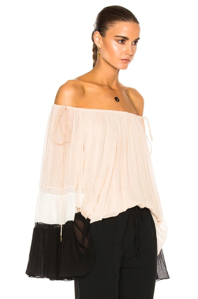 Shop Chloé Chloe Textured Silk Crepon Off Shoulder Blouse In Black,pink,white