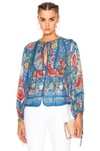 ROBERTO CAVALLI PRINTED WOVEN BLOUSE IN BLUE, FLORAL.,EQT722 EPB41