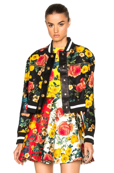 Shop Fausto Puglisi Leather Jacket In Black, Floral.  In Black Multi