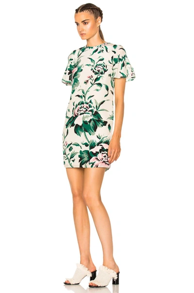 Shop Burberry Flare Sleeve Shift Dress In Floral, Green. In Emerald Green