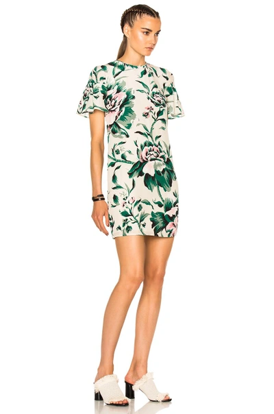Shop Burberry Flare Sleeve Shift Dress In Floral, Green. In Emerald Green