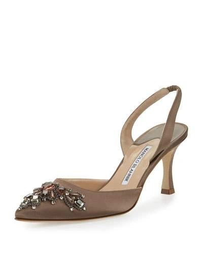 Manolo Blahnik Iliaric Jeweled Satin Halter Pump, Brown