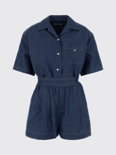 Prada Chambray Jumpsuit Belted Waist Chest Pocket Short Sleeves In Multi