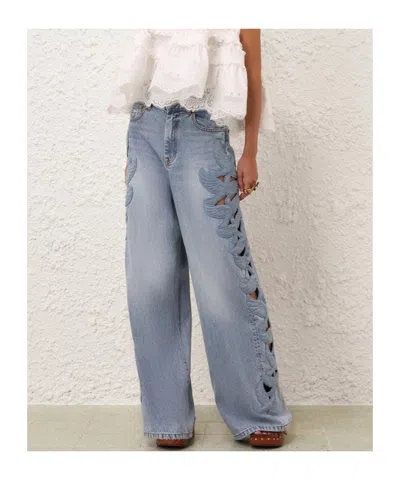 Zimmermann Alchemy Applique Relaxed Flare Jeans In Sea Foam In Blue