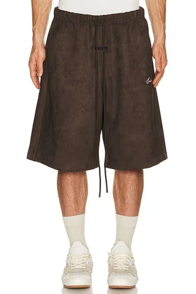 Essentials Relaxed Suede-effect Drawstring Shorts In Brown