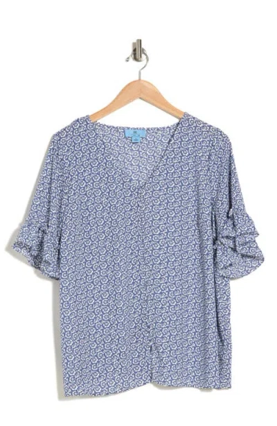 Cece Double Flutter Sleeve Button Front Blouse In Blue