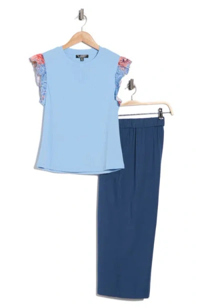 Nicole Miller Flutter Sleeve Top & Pull-on Pants Set In Blue