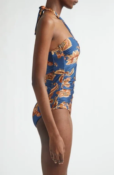 Zimmermann Aster Printed Halterneck Stretch-polyamide Swimsuit In Blue