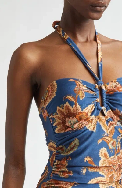 Zimmermann Aster Printed Halterneck Stretch-polyamide Swimsuit In Blue